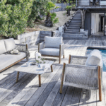 Salon de jardin Deriveur | 2 fauteuils + 1 canapé + 1 table basse | Chêne & Beige