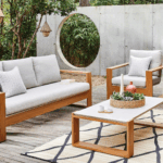Salon de jardin Laser | 2 fauteuils + 1 canapé + 1 table basse | Chêne & Beige