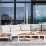 Salon de jardin Rhonda | 1 méridienne + 1 table basse | Blanc & Gris chiné